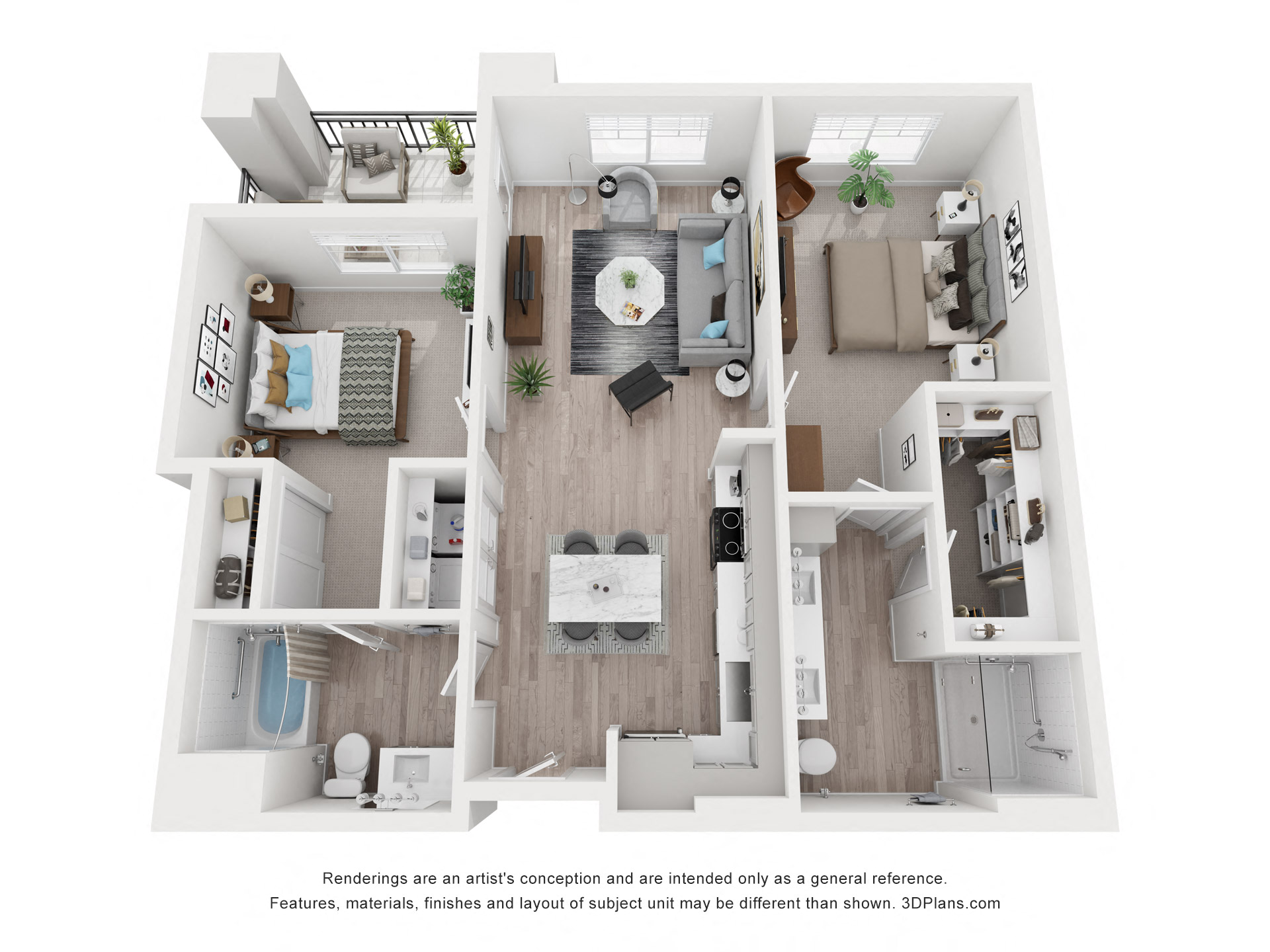 Floor plan for 2 beds, 2 baths, 1036 sqft
